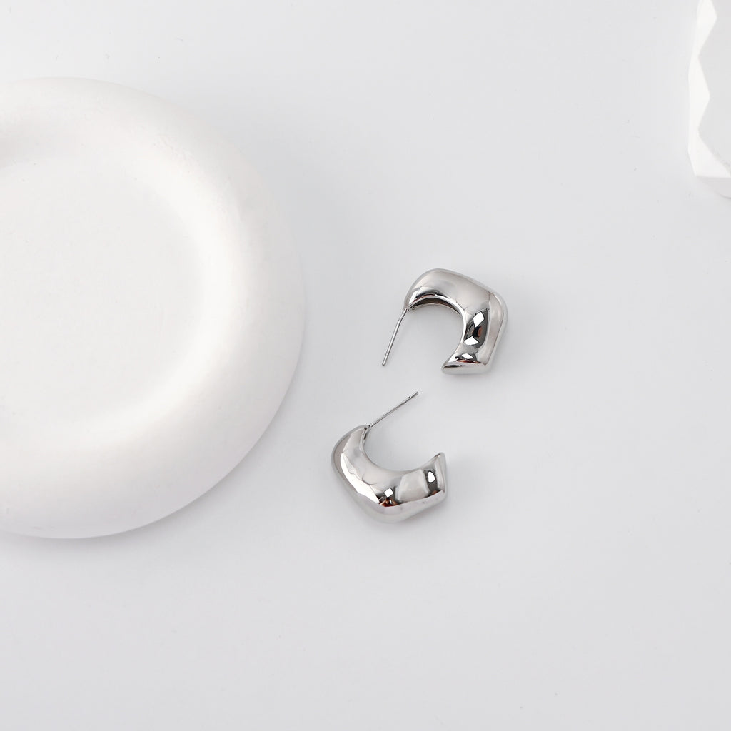C Shape Earrings | Rhodium Plated, Post Earring, S925 Sterling Silver Ear Pin, Finished Earring