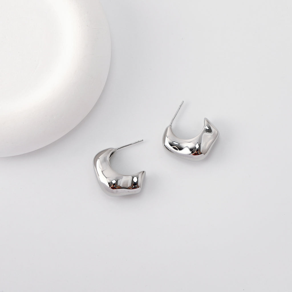 C Shape Earrings | Rhodium Plated, Post Earring, S925 Sterling Silver Ear Pin, Finished Earring