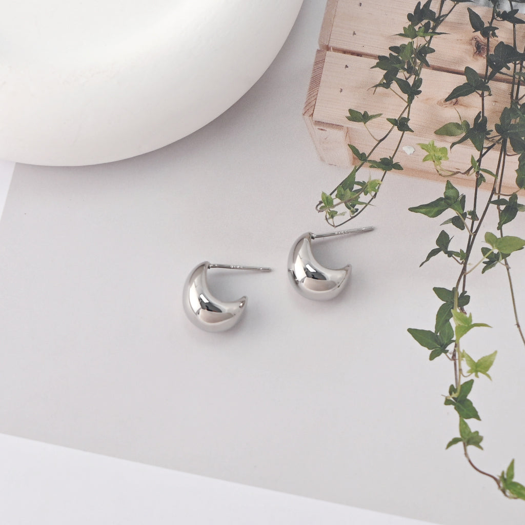 C Shape Earrings | Rhodium Plated, Post Earring, S925 Sterling Silver Ear Pin, Finished Earring