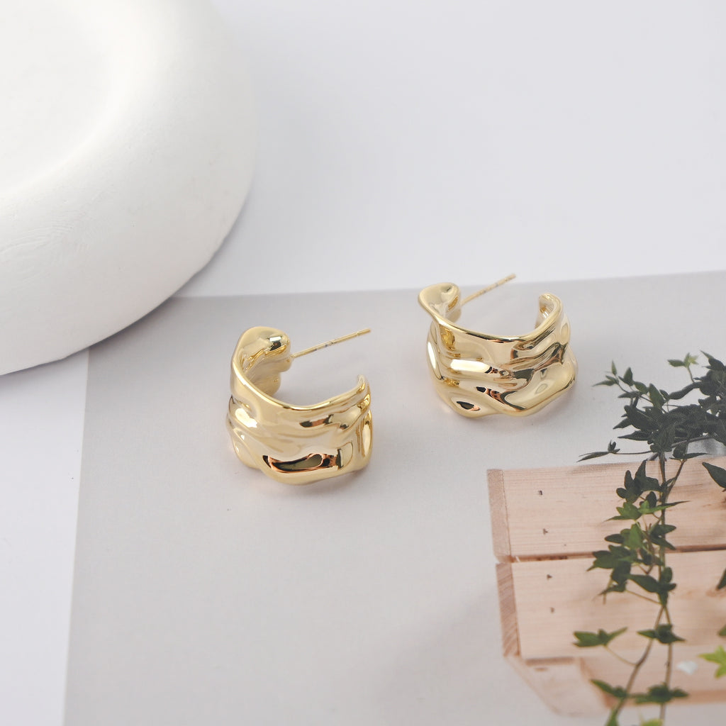 C Shape Earrings | Hammered Post Earrings, 18K Gold Plated, S925 Sterling Silver Ear Pin, Finished Earring