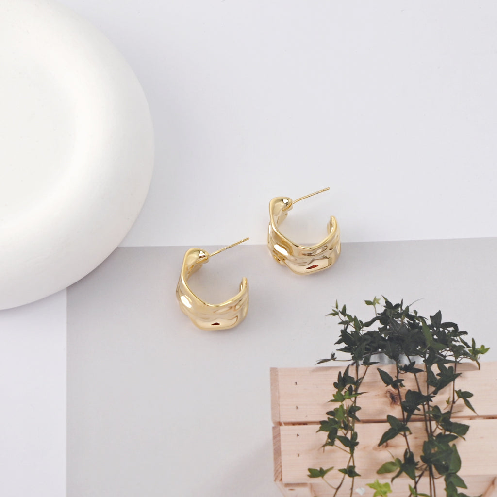 C Shape Earrings | Hammered Post Earrings, 18K Gold Plated, S925 Sterling Silver Ear Pin, Finished Earring