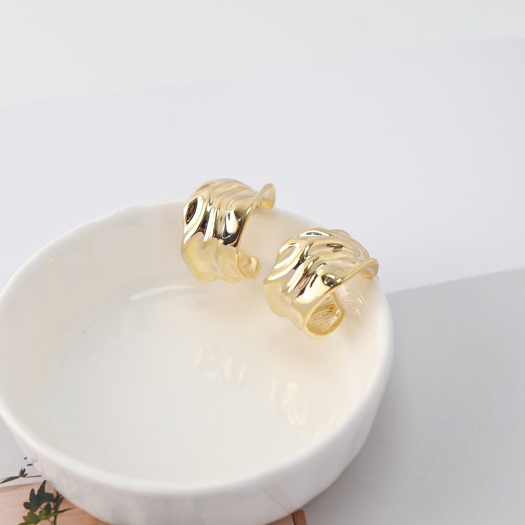 C Shape Earrings | Hammered Post Earrings, 18K Gold Plated, S925 Sterling Silver Ear Pin, Finished Earring