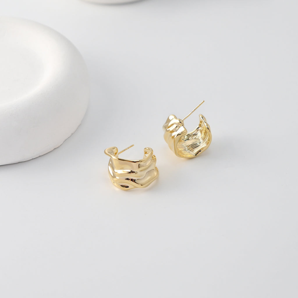 C Shape Earrings | Hammered Post Earrings, 18K Gold Plated, S925 Sterling Silver Ear Pin, Finished Earring