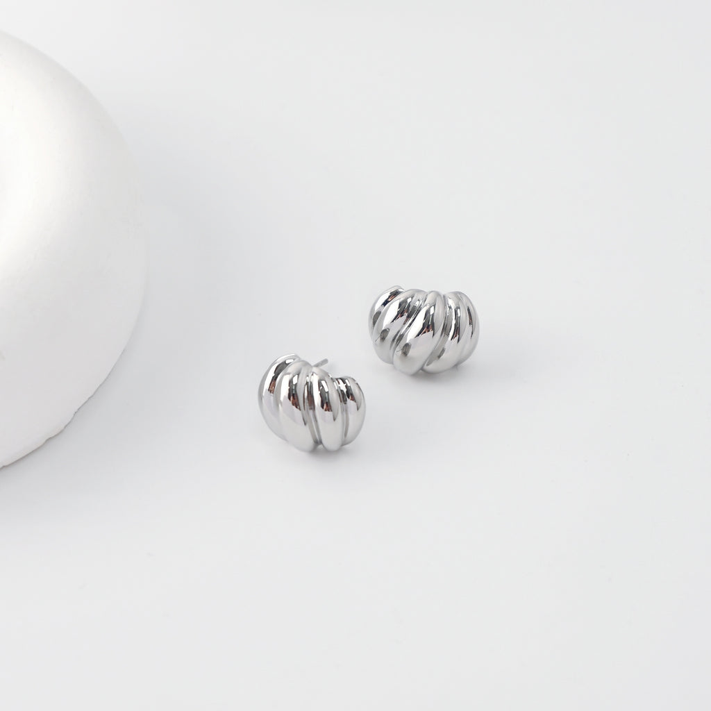 C Shape Earrings | Rhodium Plated,  Pleated Post Earring, S925 Sterling Silver Ear Pin, Finished Earring C025