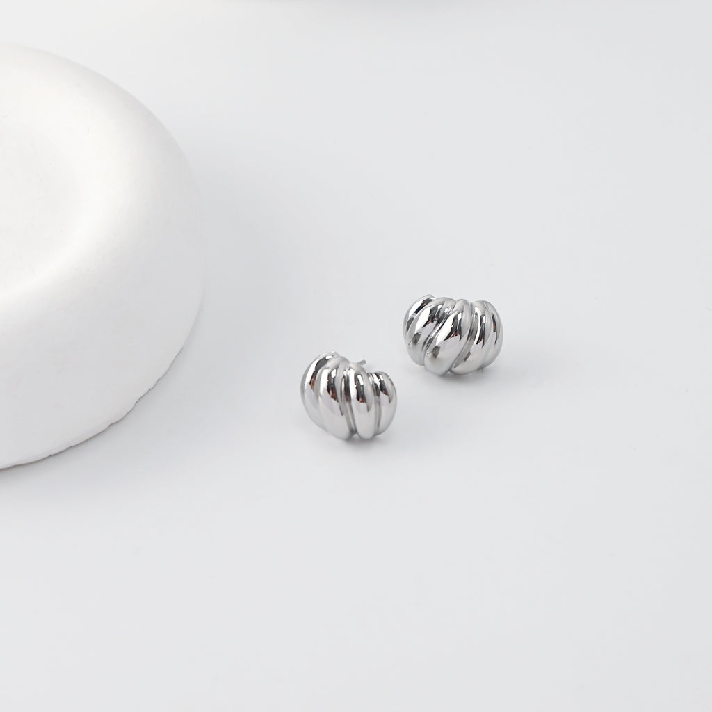 C Shape Earrings | Rhodium Plated,  Pleated Post Earring, S925 Sterling Silver Ear Pin, Finished Earring C025