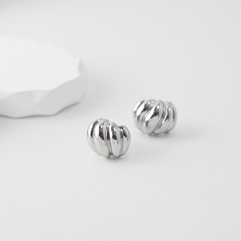 C Shape Earrings | Rhodium Plated,  Pleated Post Earring, S925 Sterling Silver Ear Pin, Finished Earring C025