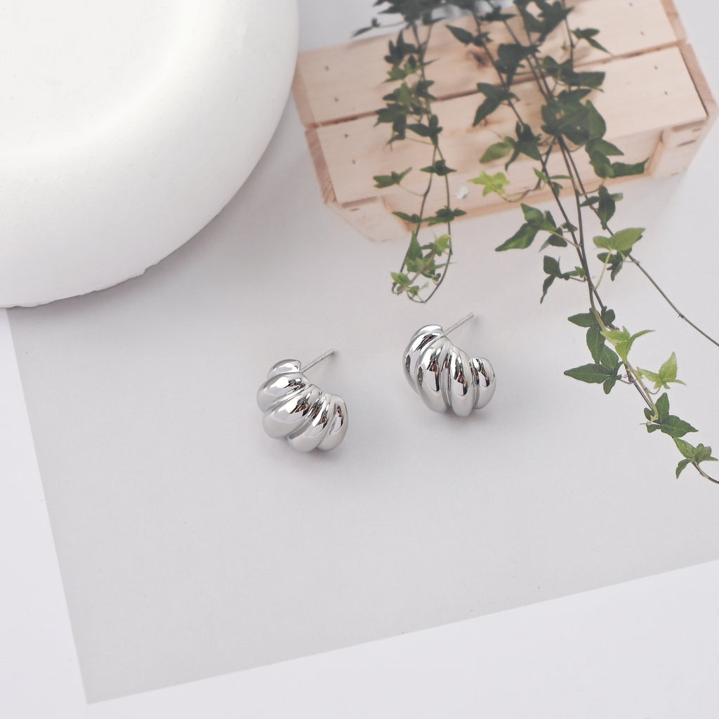 C Shape Earrings | Rhodium Plated,  Pleated Post Earring, S925 Sterling Silver Ear Pin, Finished Earring C025