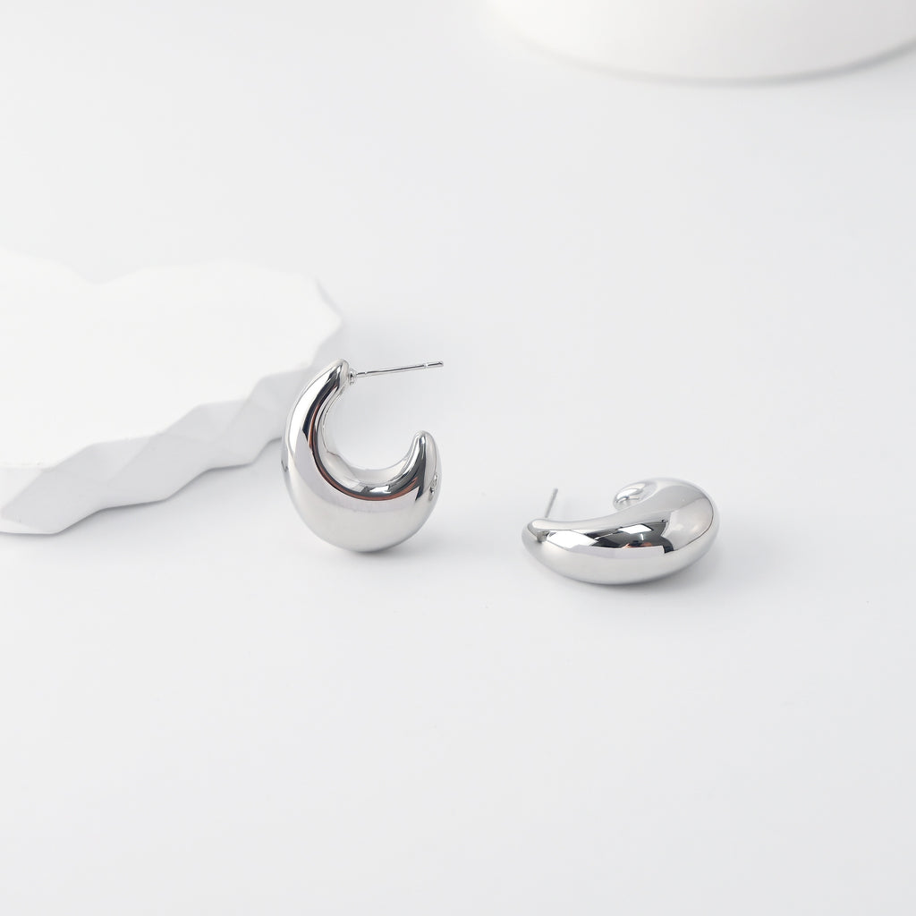 C Shape Earrings | Rhodium Plated, Post Earring, S925 Sterling Silver Ear Pin, Finished Earring