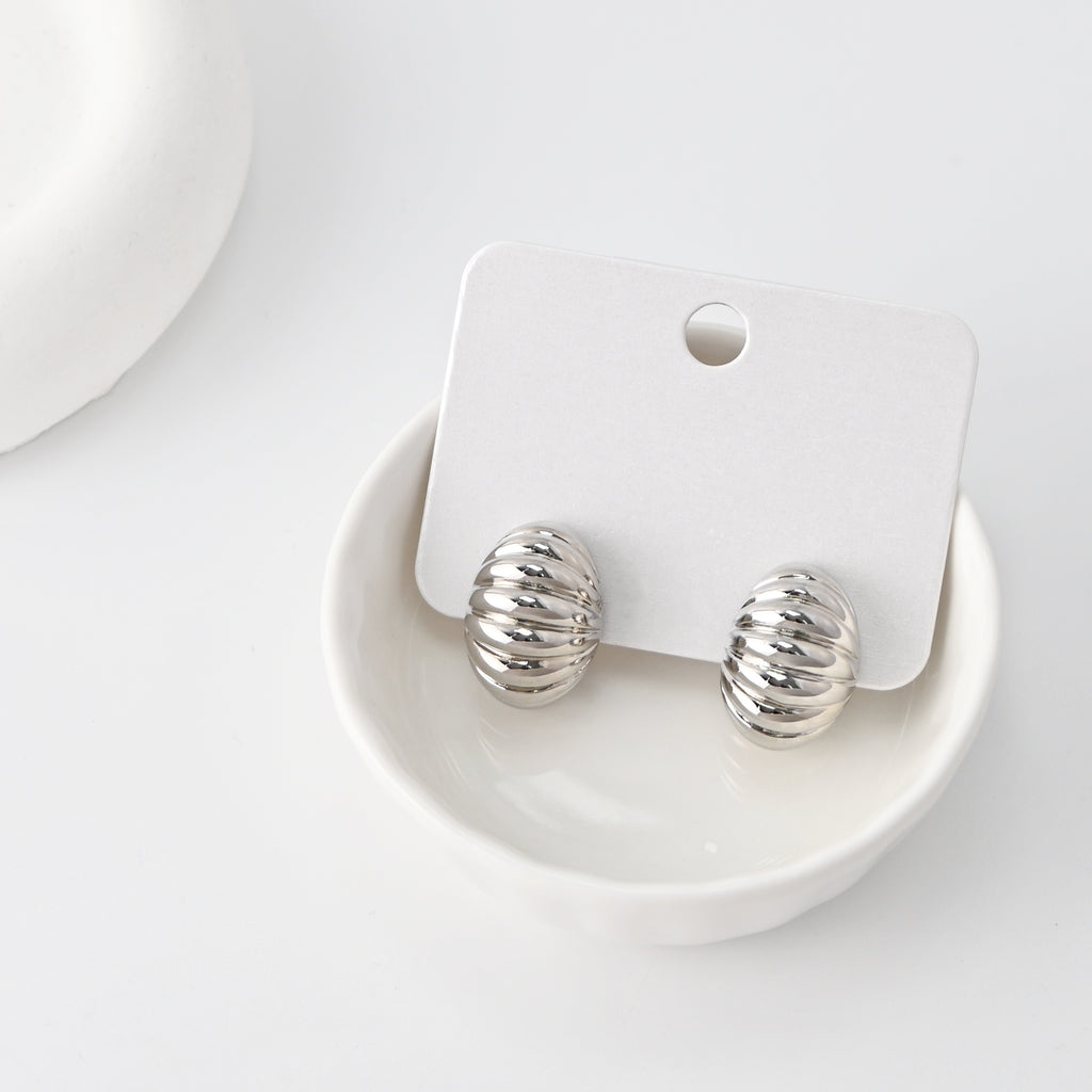 C Shape Earrings | Rhodium Plated,  Pleated Post Earring, S925 Sterling Silver Ear Pin, Finished Earring