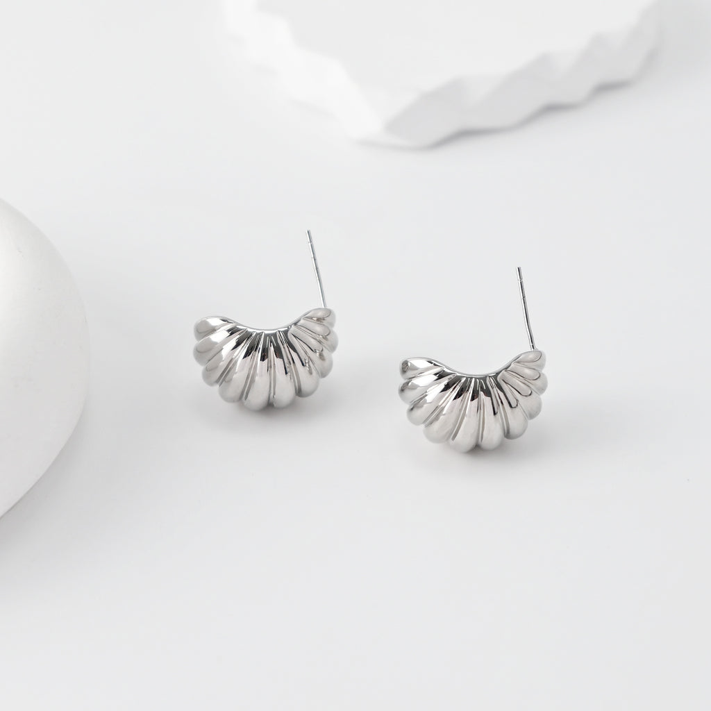 C Shape Earrings | Rhodium Plated,  Pleated Post Earring, S925 Sterling Silver Ear Pin, Finished Earring