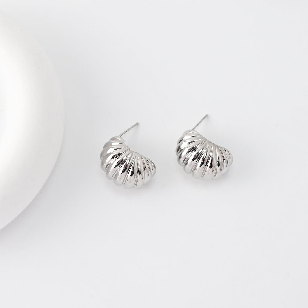 C Shape Earrings | Rhodium Plated,  Pleated Post Earring, S925 Sterling Silver Ear Pin, Finished Earring