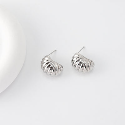 C Shape Earrings | Rhodium Plated,  Pleated Post Earring, S925 Sterling Silver Ear Pin, Finished Earring