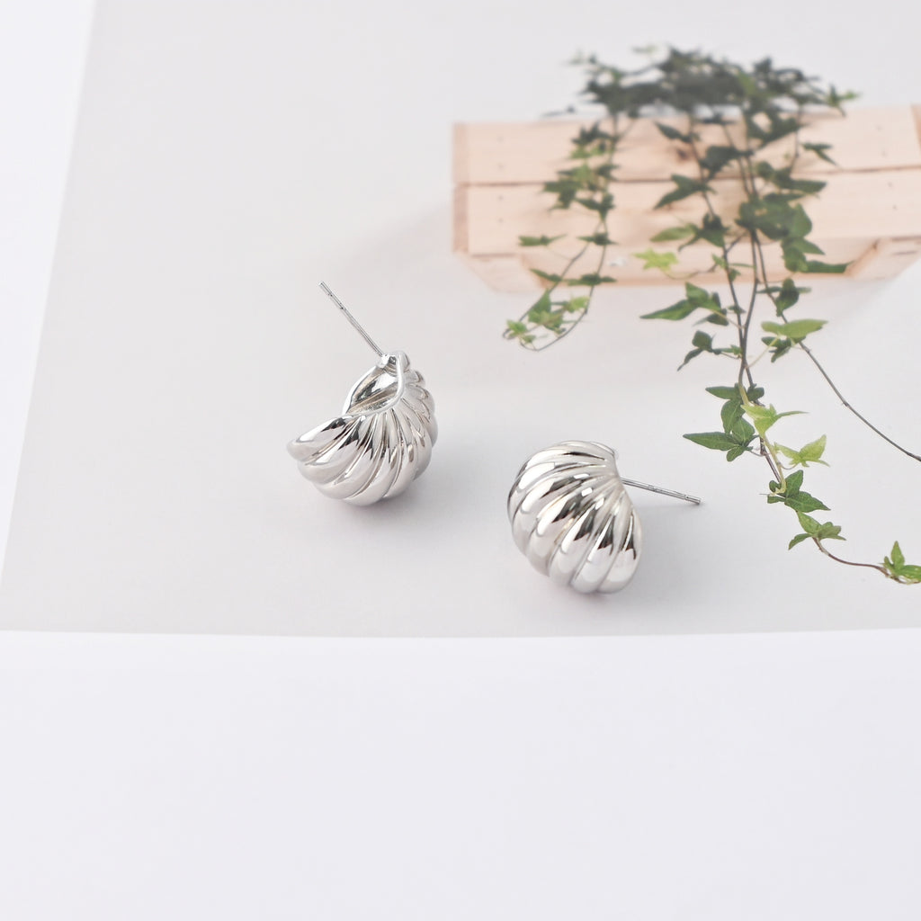 C Shape Earrings | Rhodium Plated,  Pleated Post Earring, S925 Sterling Silver Ear Pin, Finished Earring