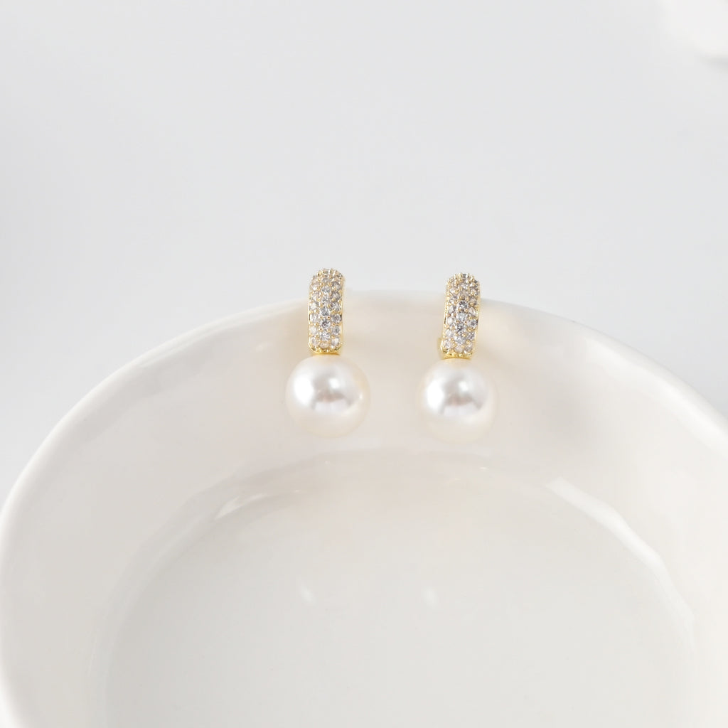 C Shape Earrings | ABS Pearl & Zircon Inlaid, 18K Gold Plated S925 Sterling Silver Post, Finished Earring