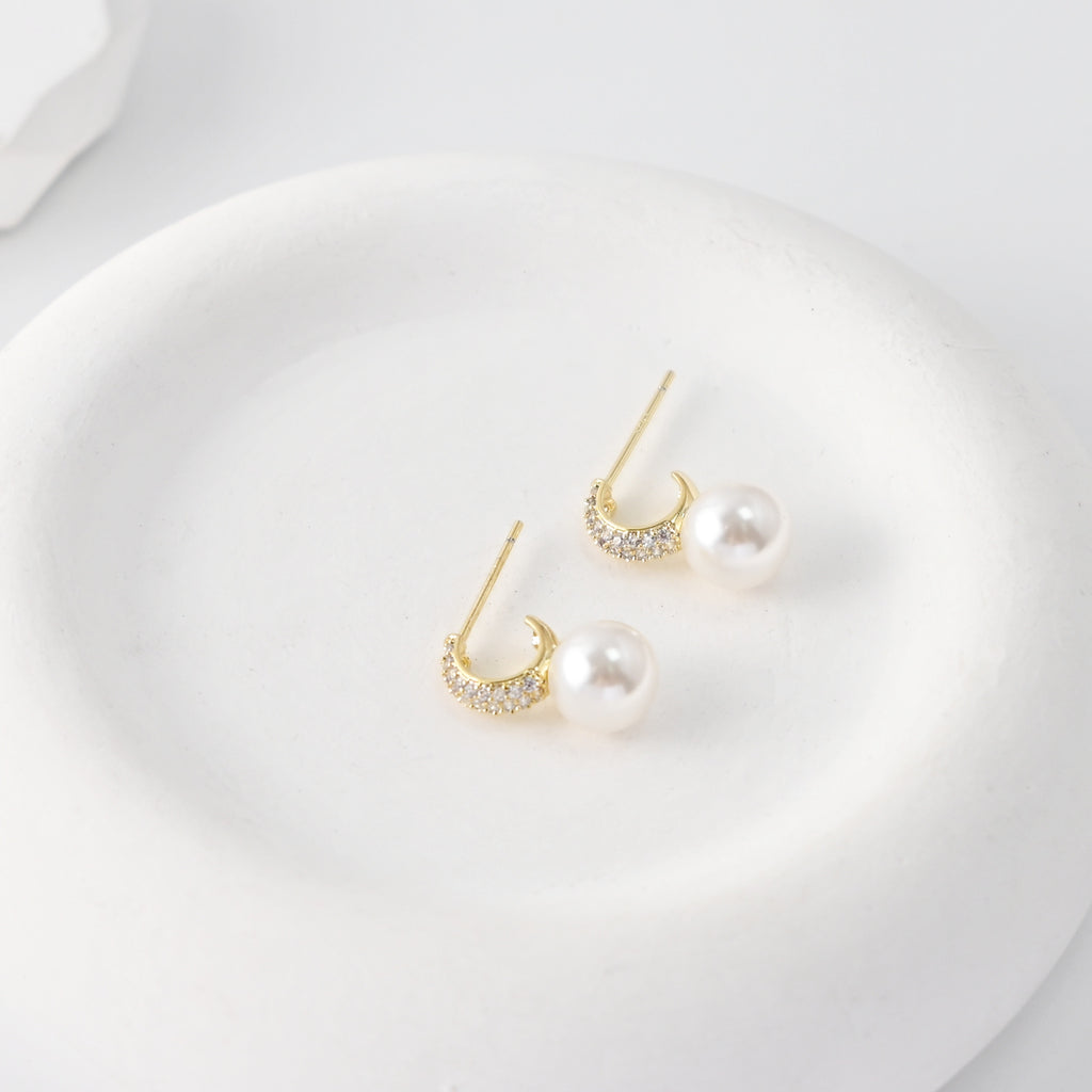 C Shape Earrings | ABS Pearl & Zircon Inlaid, 18K Gold Plated S925 Sterling Silver Post, Finished Earring