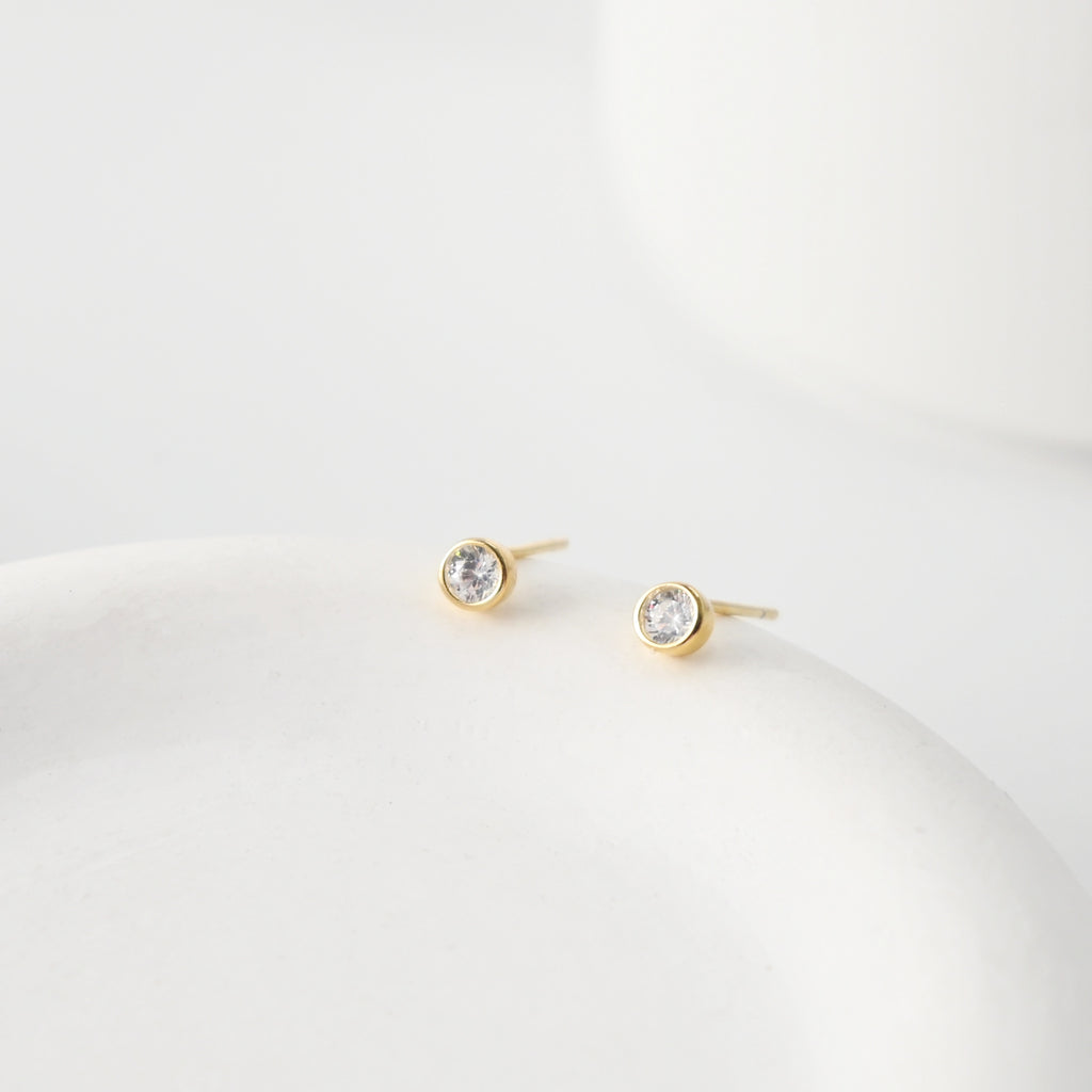 Tiny Stud Earrings, Round Zircon Stone Inlaid, 18K Gold Plated, S925 Ear Pin |Finished Earring