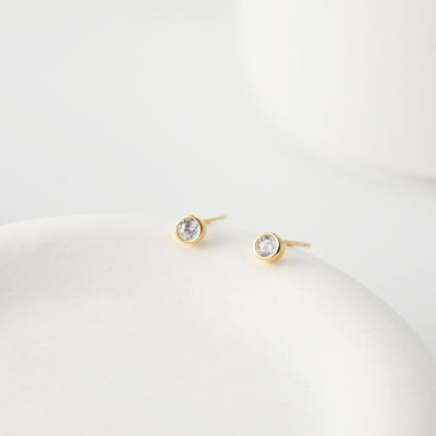 Tiny Stud Earrings, Round Zircon Stone Inlaid, 18K Gold Plated, S925 Ear Pin |Finished Earring