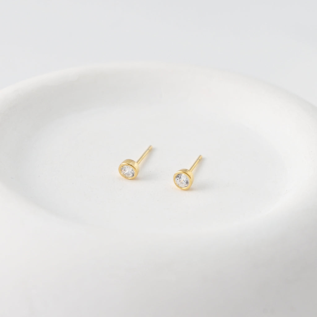Tiny Stud Earrings, Round Zircon Stone Inlaid, 18K Gold Plated, S925 Ear Pin |Finished Earring