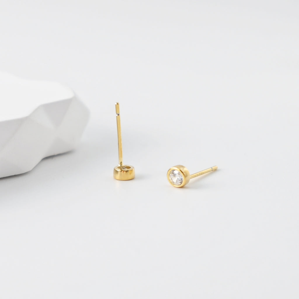 Tiny Stud Earrings, Round Zircon Stone Inlaid, 18K Gold Plated, S925 Ear Pin |Finished Earring