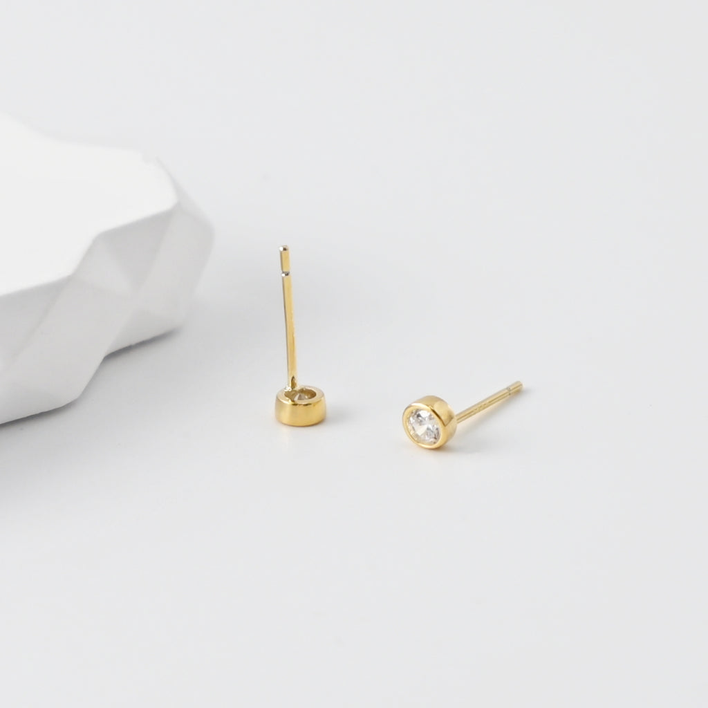 Tiny Stud Earrings, Round Zircon Stone Inlaid, 18K Gold Plated, S925 Ear Pin |Finished Earring