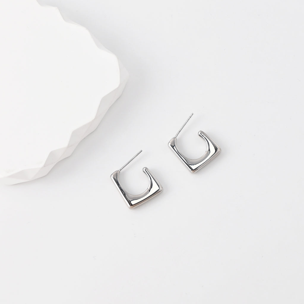 C Shape Earrings | Rhodium Plated,  Pleated Post Earring, S925 Sterling Silver Ear Pin, Finished Earring