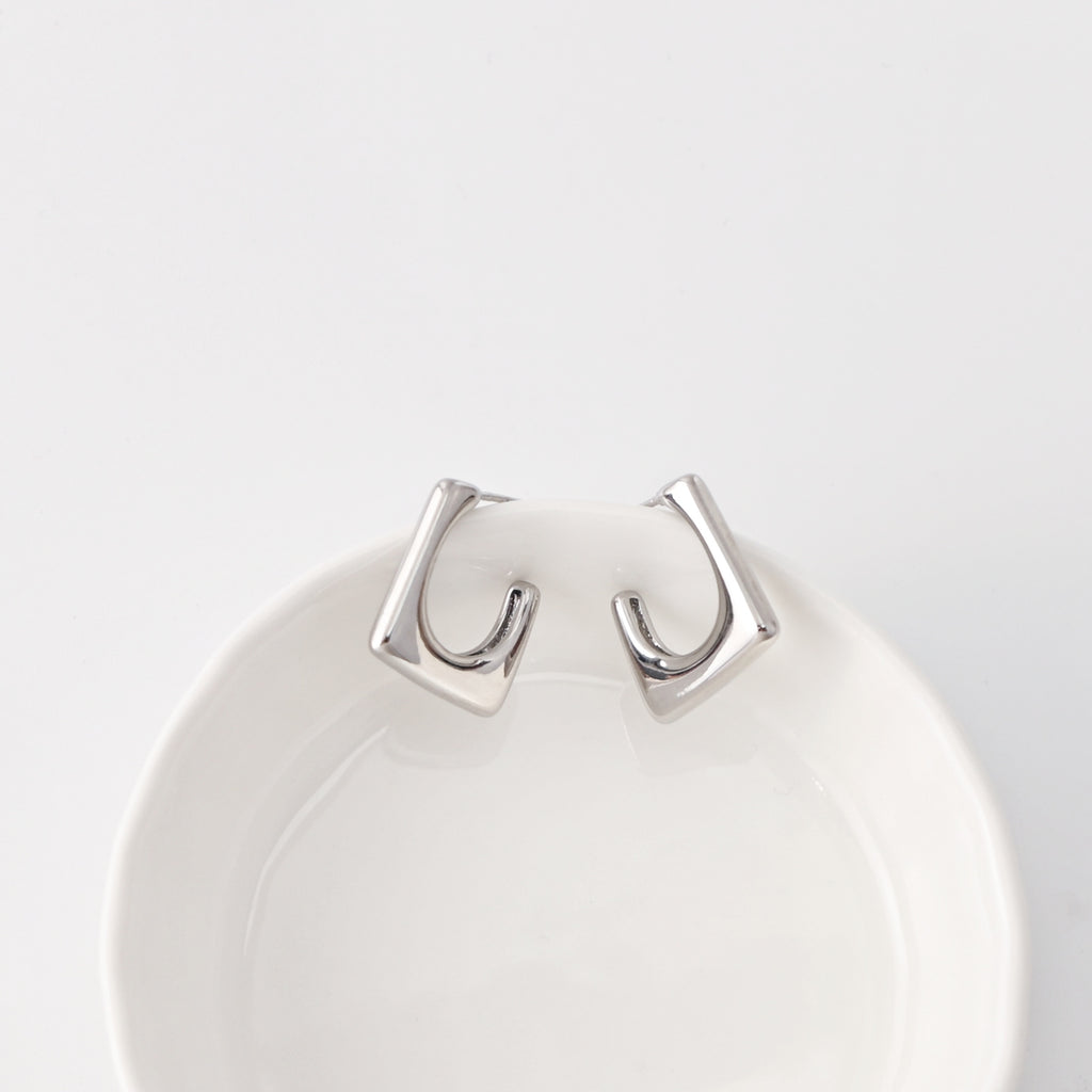 C Shape Earrings | Rhodium Plated,  Pleated Post Earring, S925 Sterling Silver Ear Pin, Finished Earring