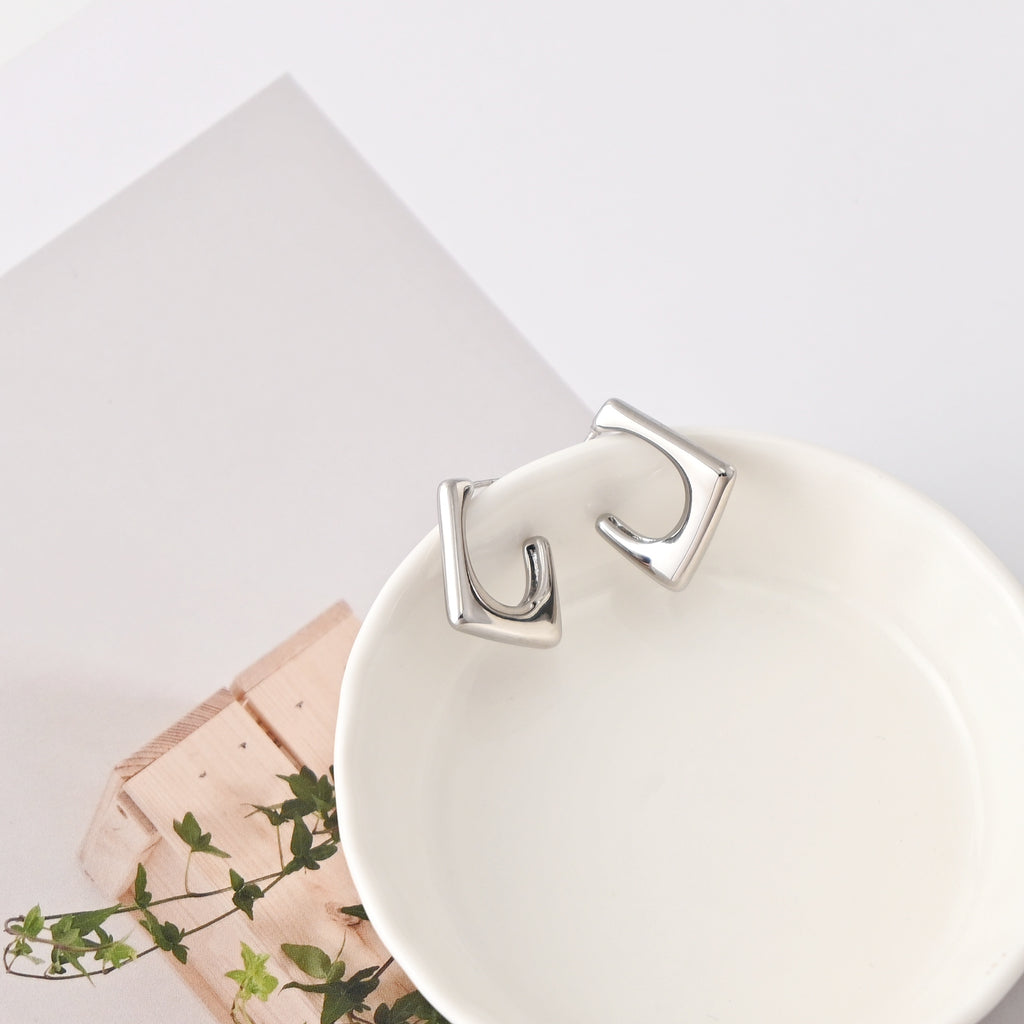 C Shape Earrings | Rhodium Plated,  Pleated Post Earring, S925 Sterling Silver Ear Pin, Finished Earring