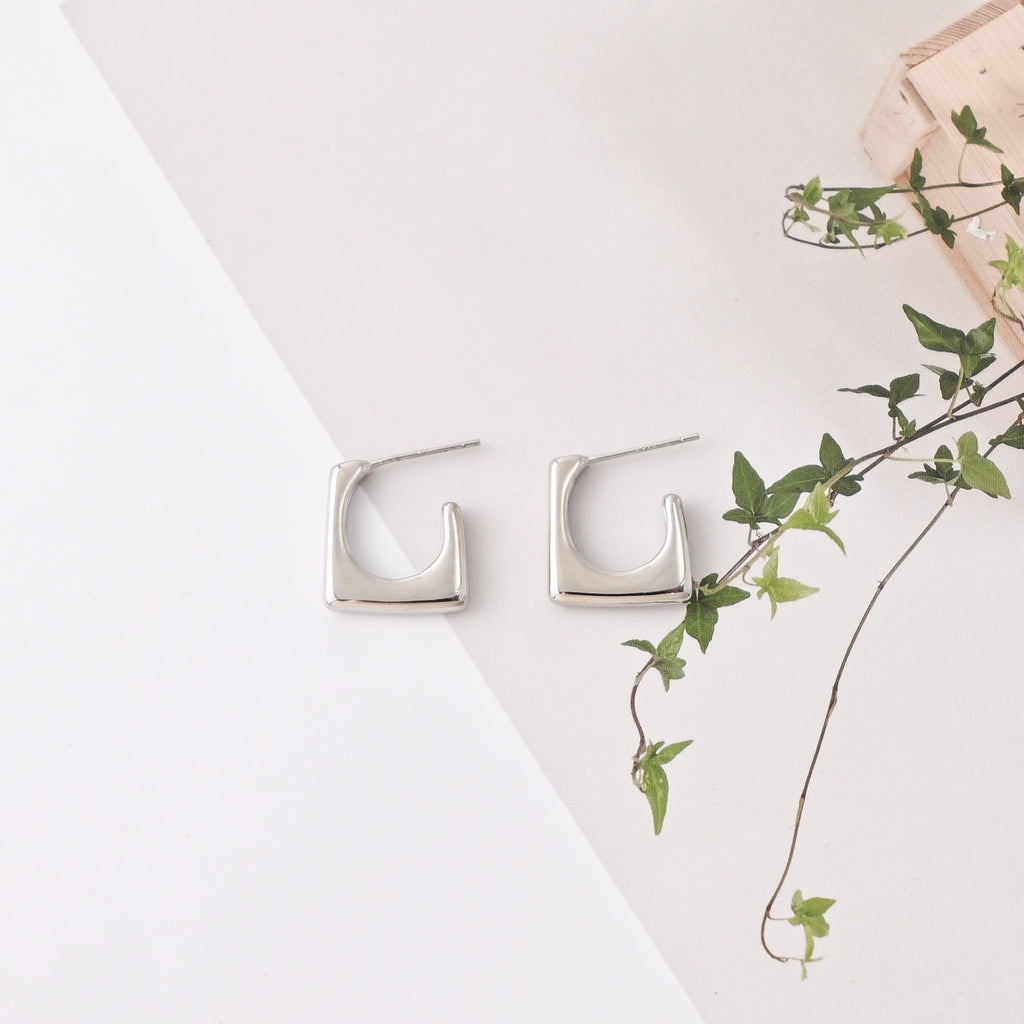 C Shape Earrings | Rhodium Plated,  Pleated Post Earring, S925 Sterling Silver Ear Pin, Finished Earring