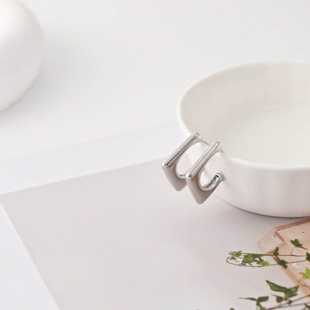 C Shape Earrings | Rhodium Plated,  Pleated Post Earring, S925 Sterling Silver Ear Pin, Finished Earring