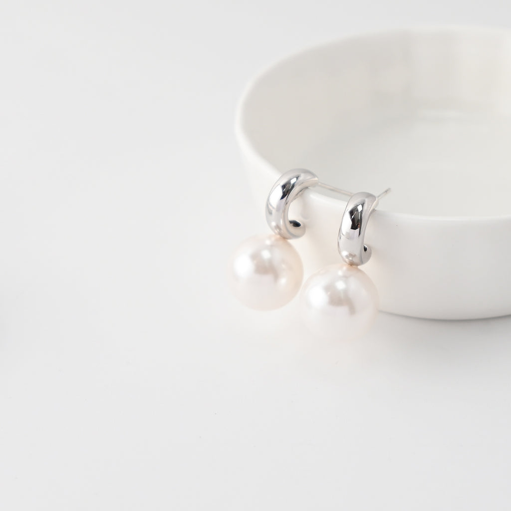 C Shape Earrings | ABS Pearl Rhodium Plated, S925 Sterling Silver Ear Pin, Finished Earrings