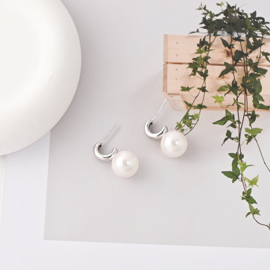 C Shape Earrings | ABS Pearl Rhodium Plated, S925 Sterling Silver Ear Pin, Finished Earrings