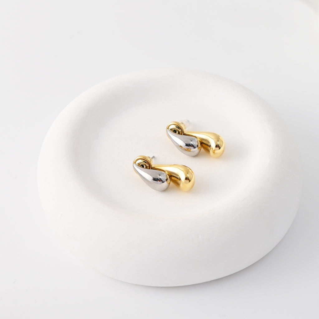 Teardrop Stud Earrings for Women, 18K Gold Plated Two-Tone Gold & Silver, S925 Silver Ear Pin, Designer Style Hypoallergenic | Finished Earrings