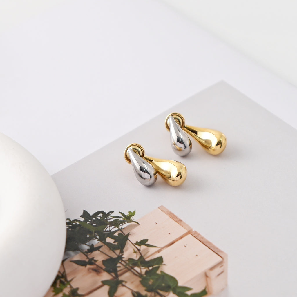 Teardrop Stud Earrings for Women, 18K Gold Plated Two-Tone Gold & Silver, S925 Silver Ear Pin, Designer Style Hypoallergenic | Finished Earrings