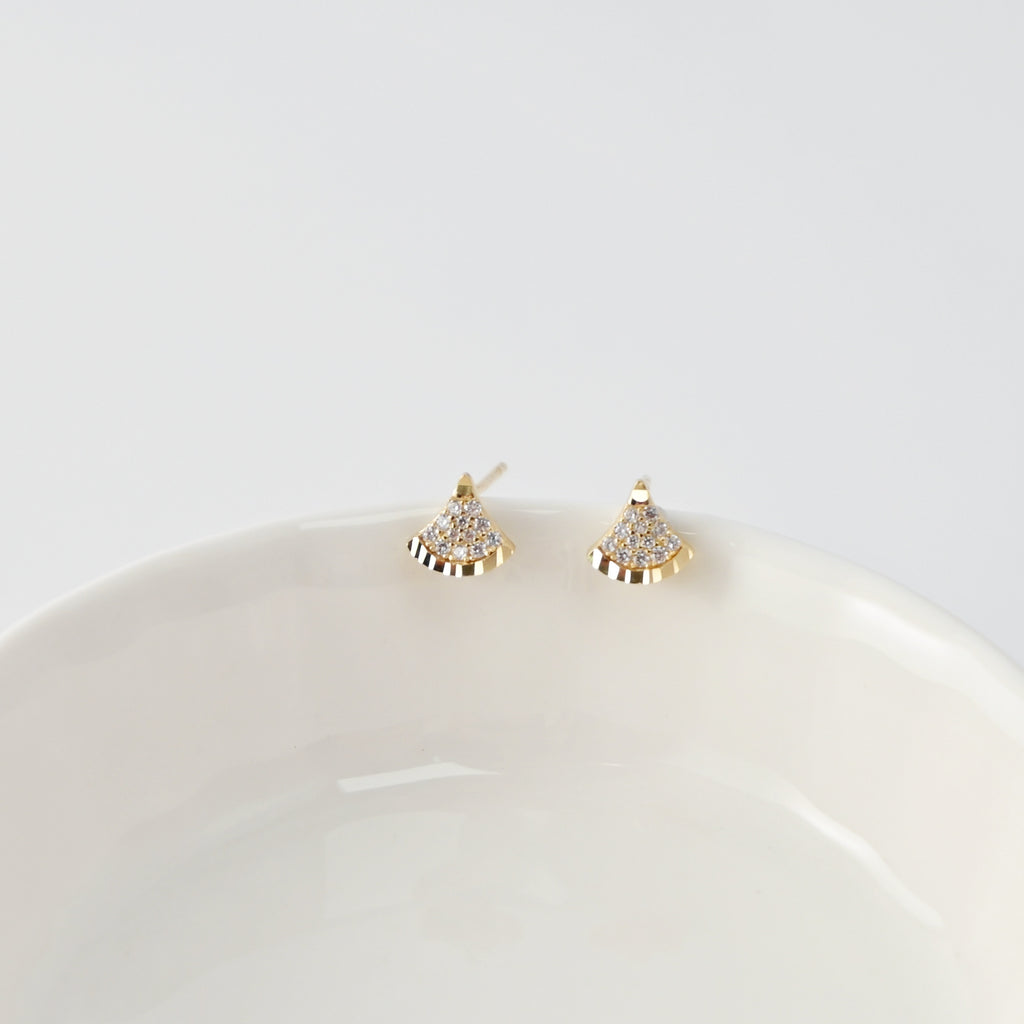 S925 Sterling Silver Stud Earrings, Fan-Shaped CZ Pave, 18K Gold Plated Earring | Finished Earrings