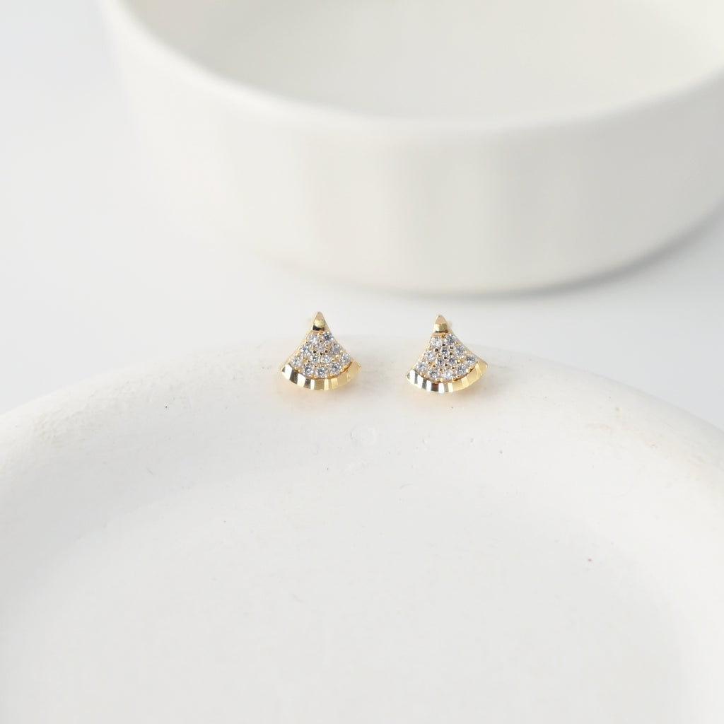 S925 Sterling Silver Stud Earrings, Fan-Shaped CZ Pave, 18K Gold Plated Earring | Finished Earrings