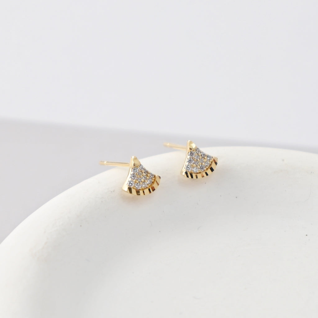 S925 Sterling Silver Stud Earrings, Fan-Shaped CZ Pave, 18K Gold Plated Earring | Finished Earrings