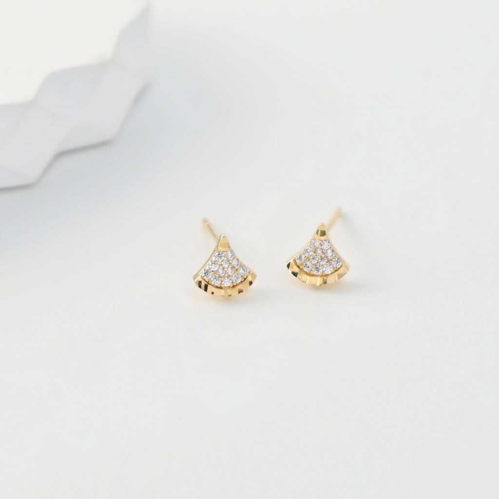 S925 Sterling Silver Stud Earrings, Fan-Shaped CZ Pave, 18K Gold Plated Earring | Finished Earrings