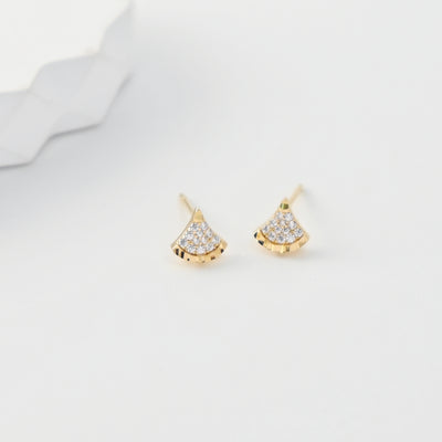 S925 Sterling Silver Stud Earrings, Fan-Shaped CZ Pave, 18K Gold Plated Earring | Finished Earrings