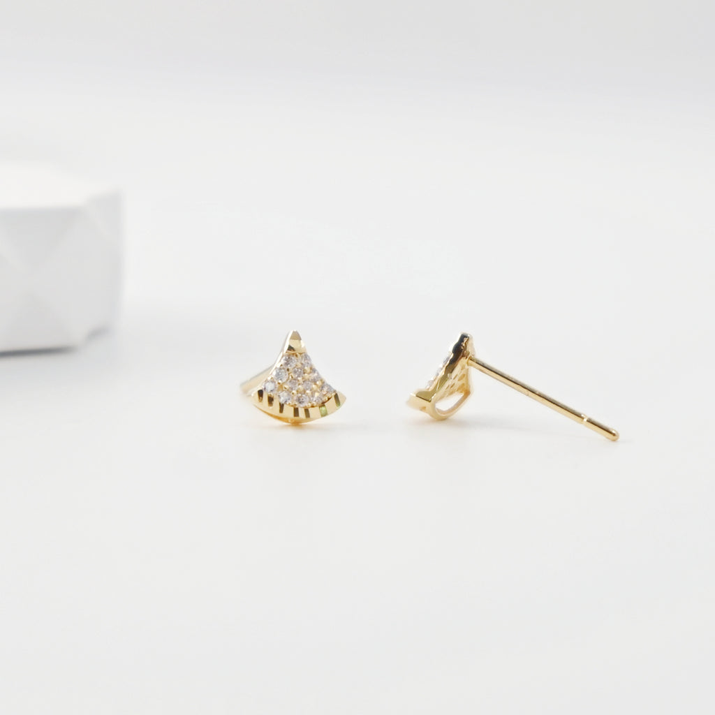 S925 Sterling Silver Stud Earrings, Fan-Shaped CZ Pave, 18K Gold Plated Earring | Finished Earrings