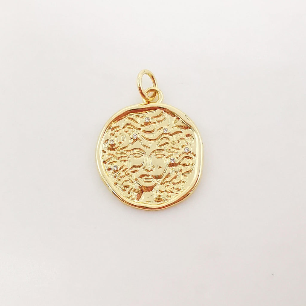 Gold Beauty Charm, 18K Gold Plated Round Pendant, 25mm, Necklace Making Charm, Jewelry Findings Round S1015