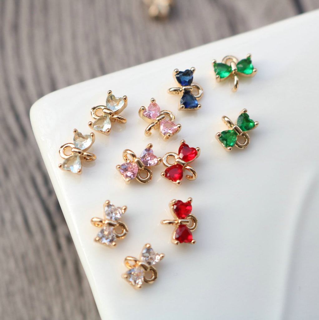 10pcs Tiny Bow Connector, 14k Gold CZ Pave Pendant, Bracelet Necklace Pendant, Real Gold Plated, Jewelry Findings HL105-F103