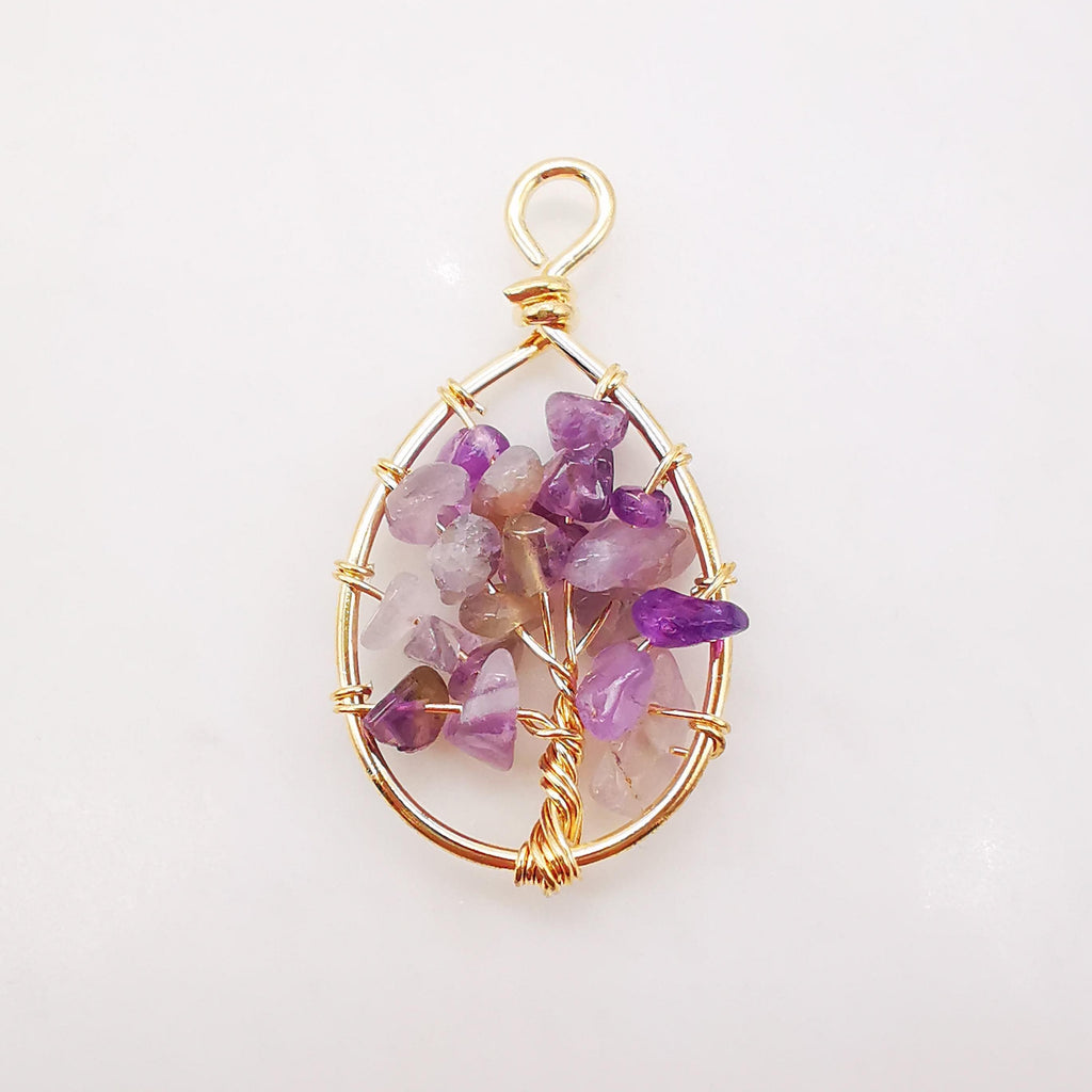 Handmade Rubble Crystal Charm, Tree of Life Pendant, Clear/Purple, Bracelet Necklace Pendant, Gold Plated Glass Charm, Jewelry Findings L007