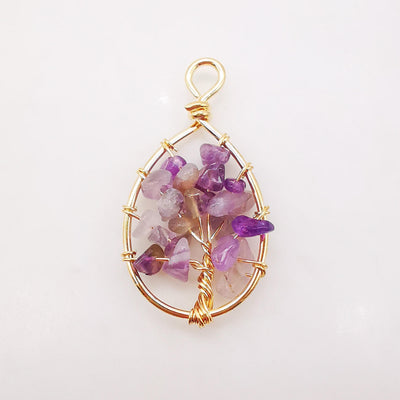 Handmade Rubble Crystal Charm, Tree of Life Pendant, Clear/Purple, Bracelet Necklace Pendant, Gold Plated Glass Charm, Jewelry Findings L007