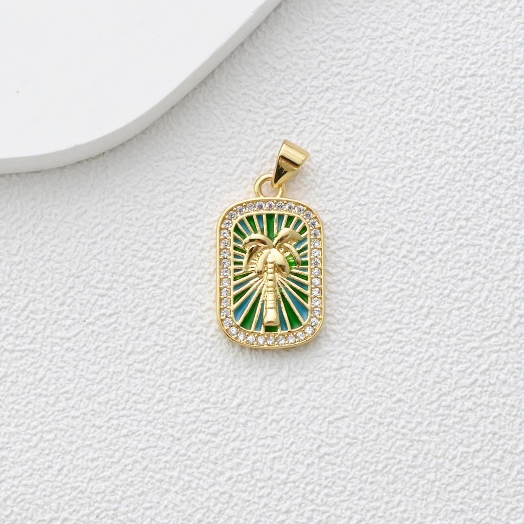 Rectangular Card Charm, Enamel Pendant, 18K Gold Plated, CZ Pave Pendant, Planet Pendant, Necklace Making Charm, Jewelry Findings S1360