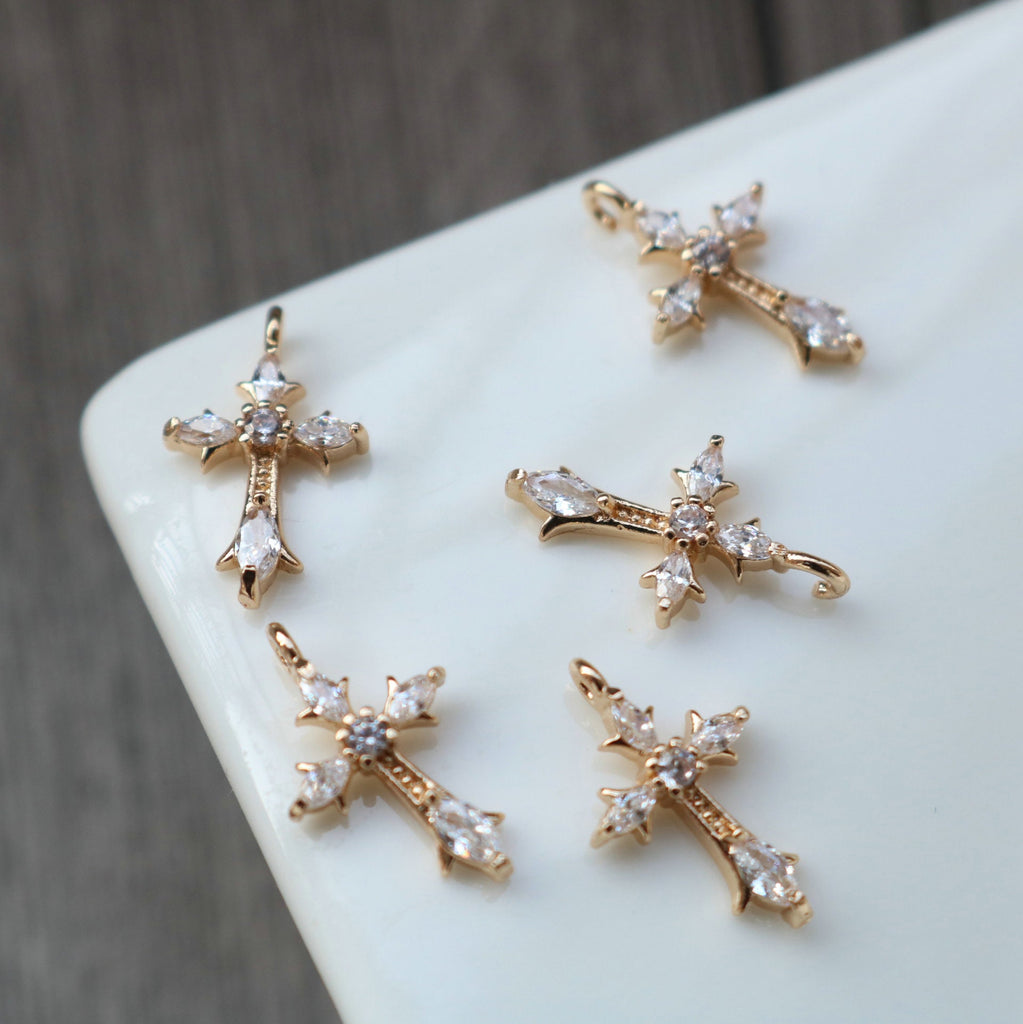 10pcs Cross Charm, Cubic Zircon Crystal Pendant, Real Gold Plated Brass Earring Charms, Jewelry Findings HL106-F102