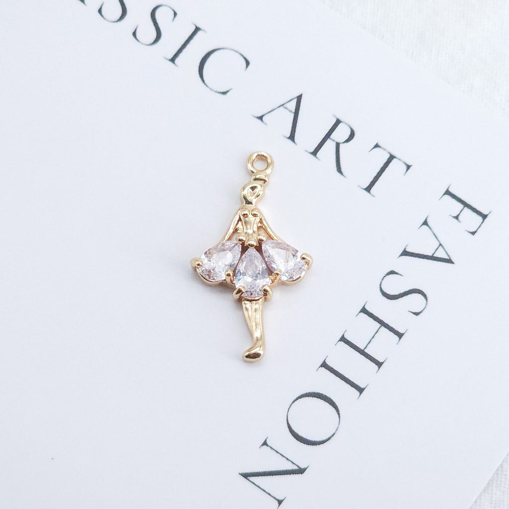 CZ Pave Ballet Dancer Charm, Cubic Zircon Crystal Ballet Girl, Necklace Pendant, 14K Real Gold Plated Charm, Jewelry Findings ZR005-F030