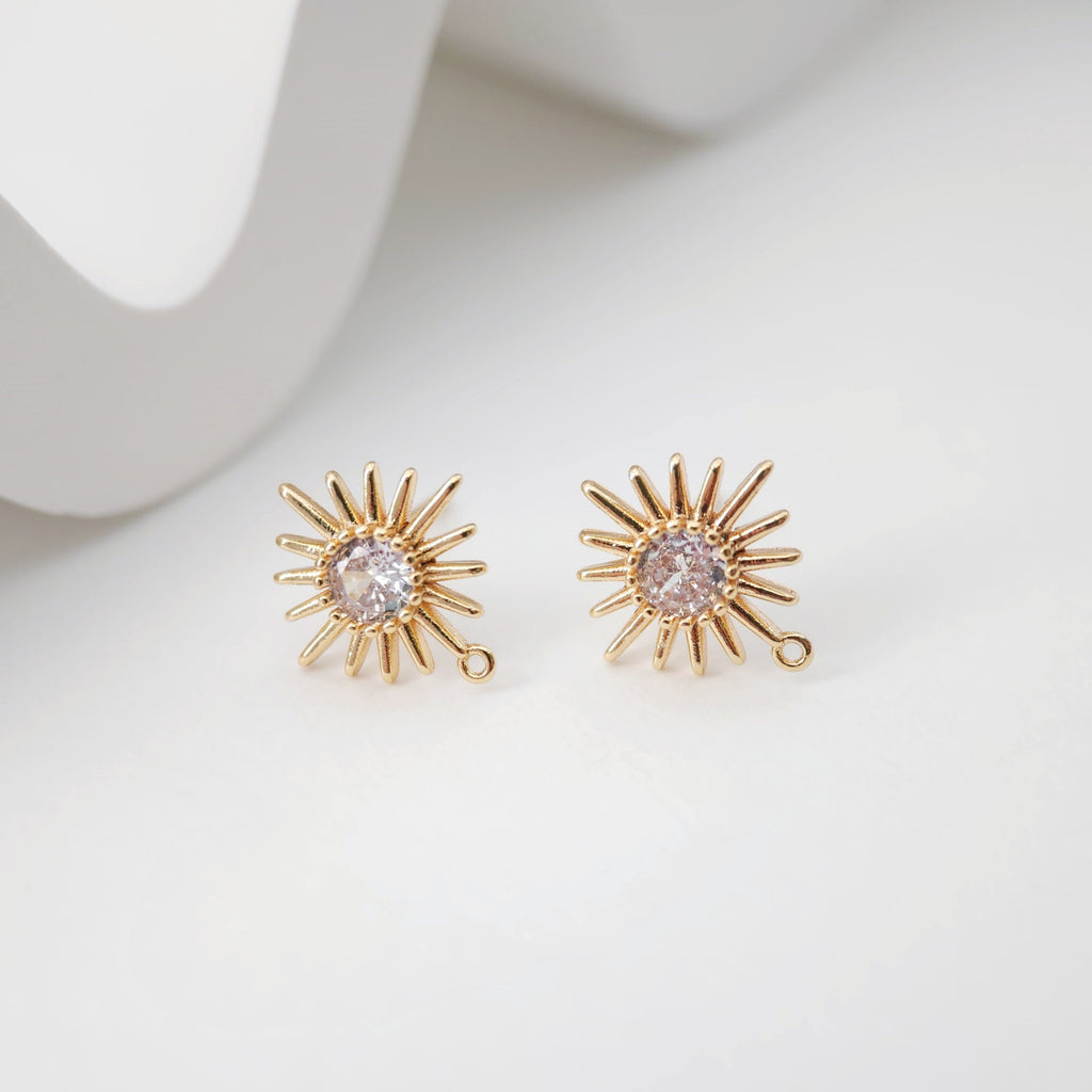 Poste para aretes con sol y pavé cúbico, arete chapado en oro de 18 quilates con aro, pasador de plata S925, poste con forma de sol, fornitura para aretes ZX248