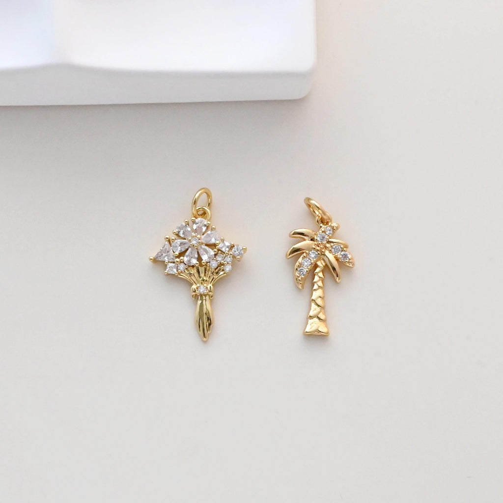 Flower Bouquet Pendant, Coconut Tree Charms, 18K Gold Plated, Cubic Pave Charms, Plants Pendant, Necklace Charms S1320
