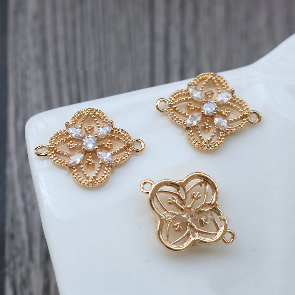 10pcs Flower Connector Charm, Cubic Zircon Crystal Flower Pendant, Real Gold Plated Brass Earring Charms, Jewelry Findings HL059-F146