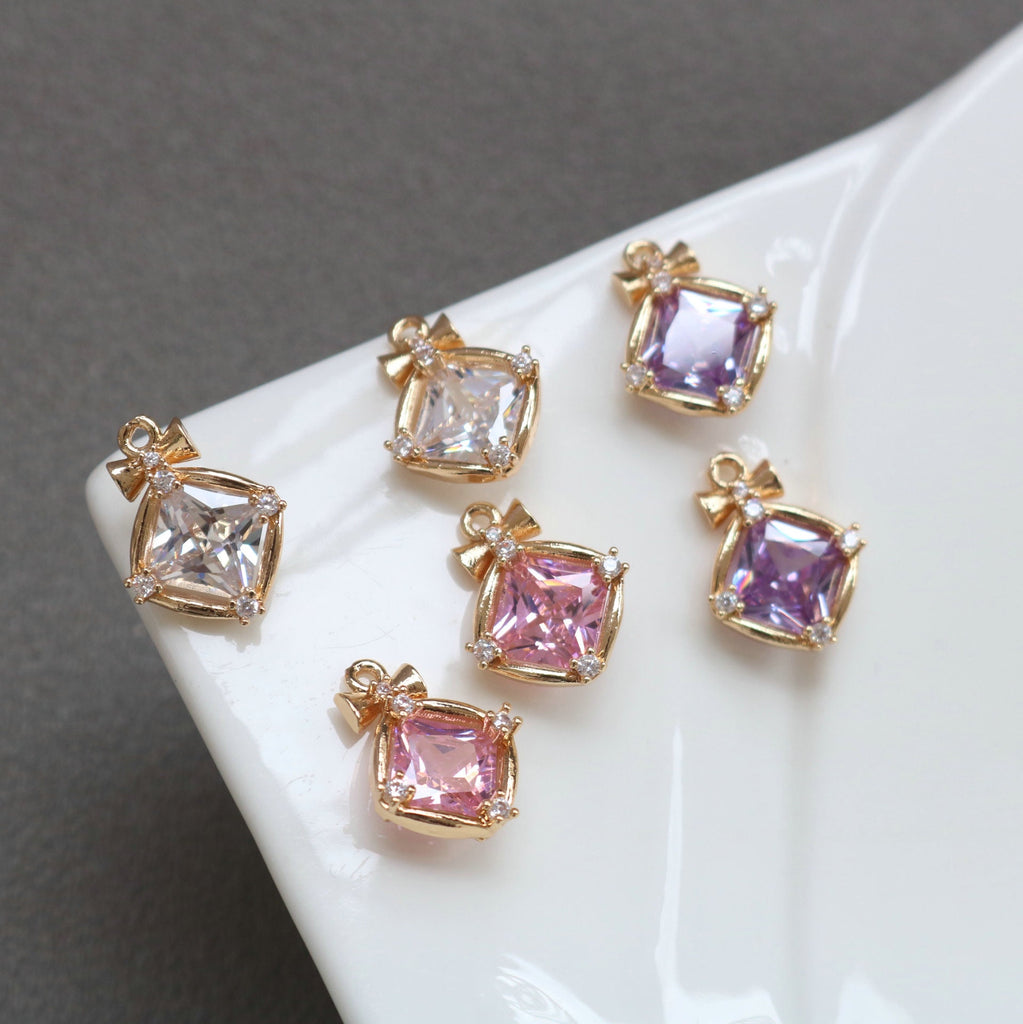 10 piezas de dijes de cristal de diamante con forma de lazo, chapados en oro de 14 quilates, 13,5 x 18 mm, accesorios de joyería HL063-F144